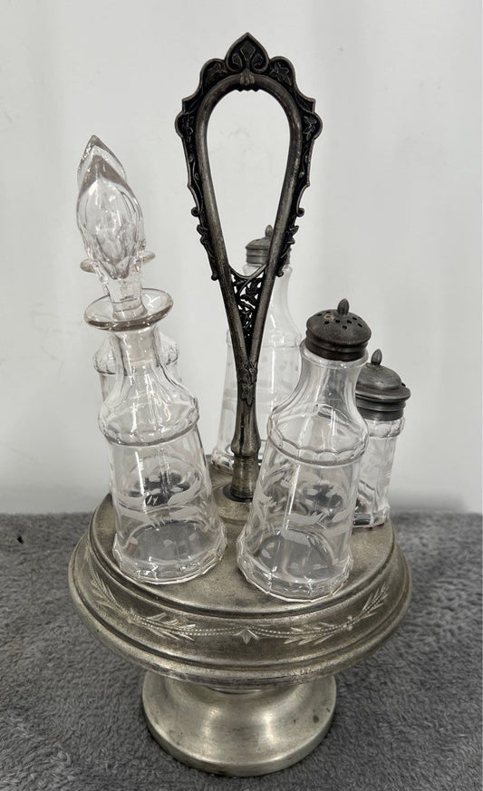 Antique Castor Cruet Condiment Set Silver Plate Stand W/ 5 Etched Glass Bottles