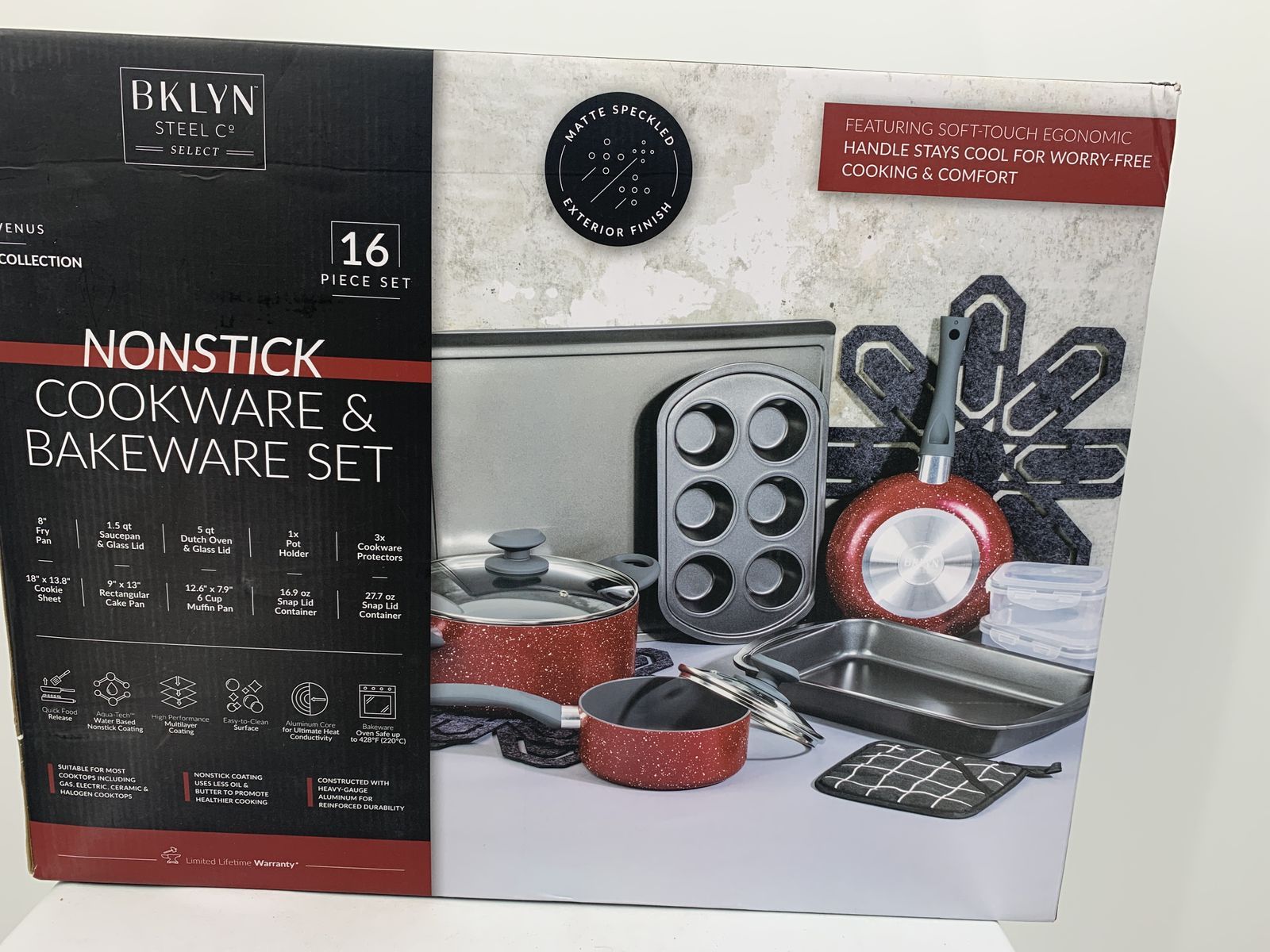 Venus Collection Bklyn Steel Co Red 16 Piece Nonstick Cookware