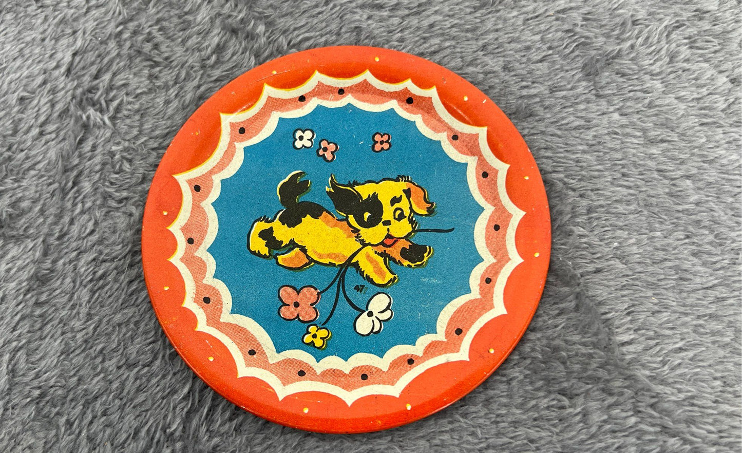 Antique/Vintage Tin Litho Tea Set Of 3 Plates With Puppy And Flower 1930's