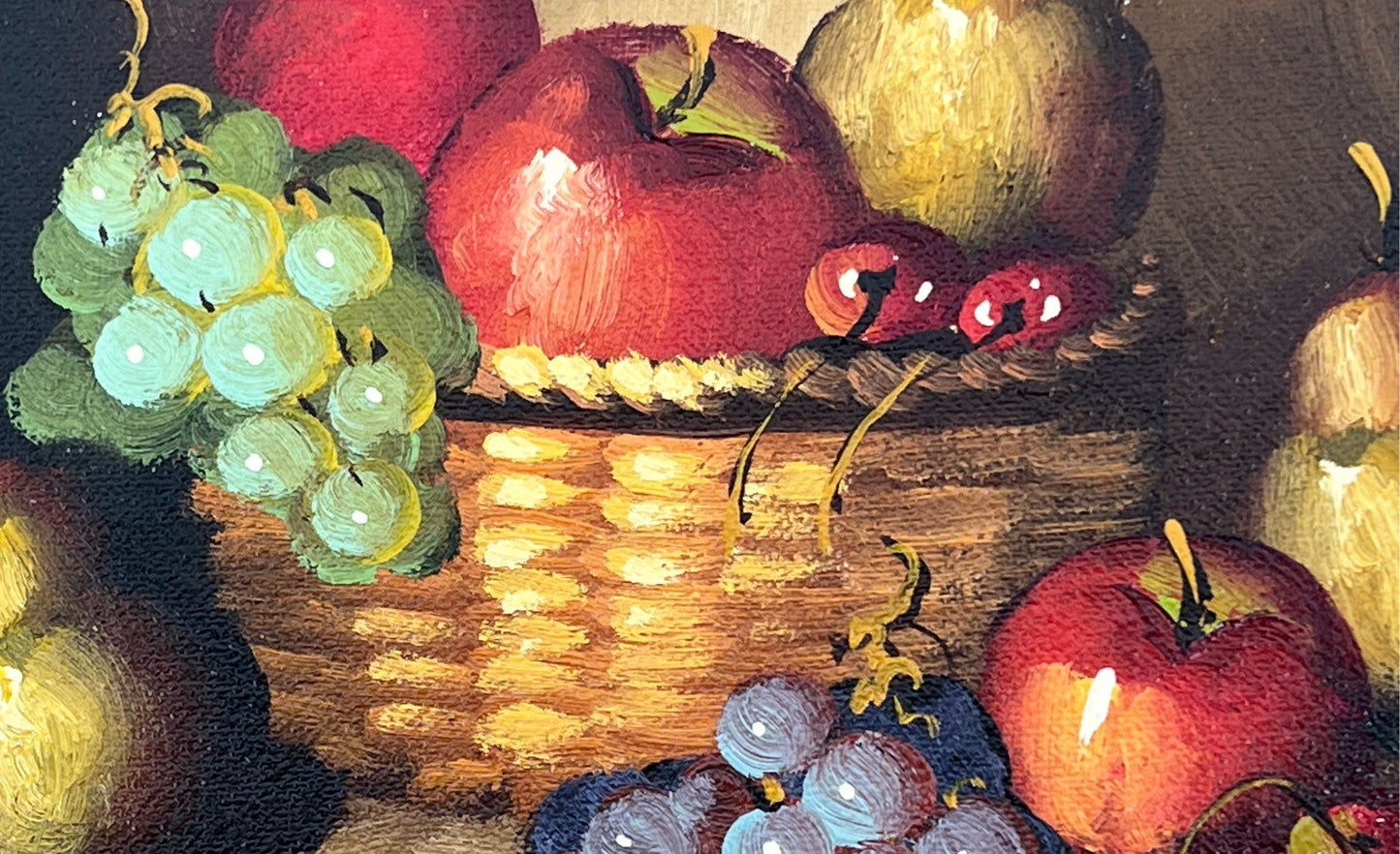 Vintage Frank Lean Still Life Fruit Basket Painting On Canvas-Signed & Framed