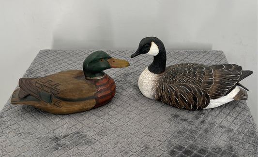 Vintage Lot Of 2 Ducks Wooden Carved Mallard Duck-Ceramic Duck