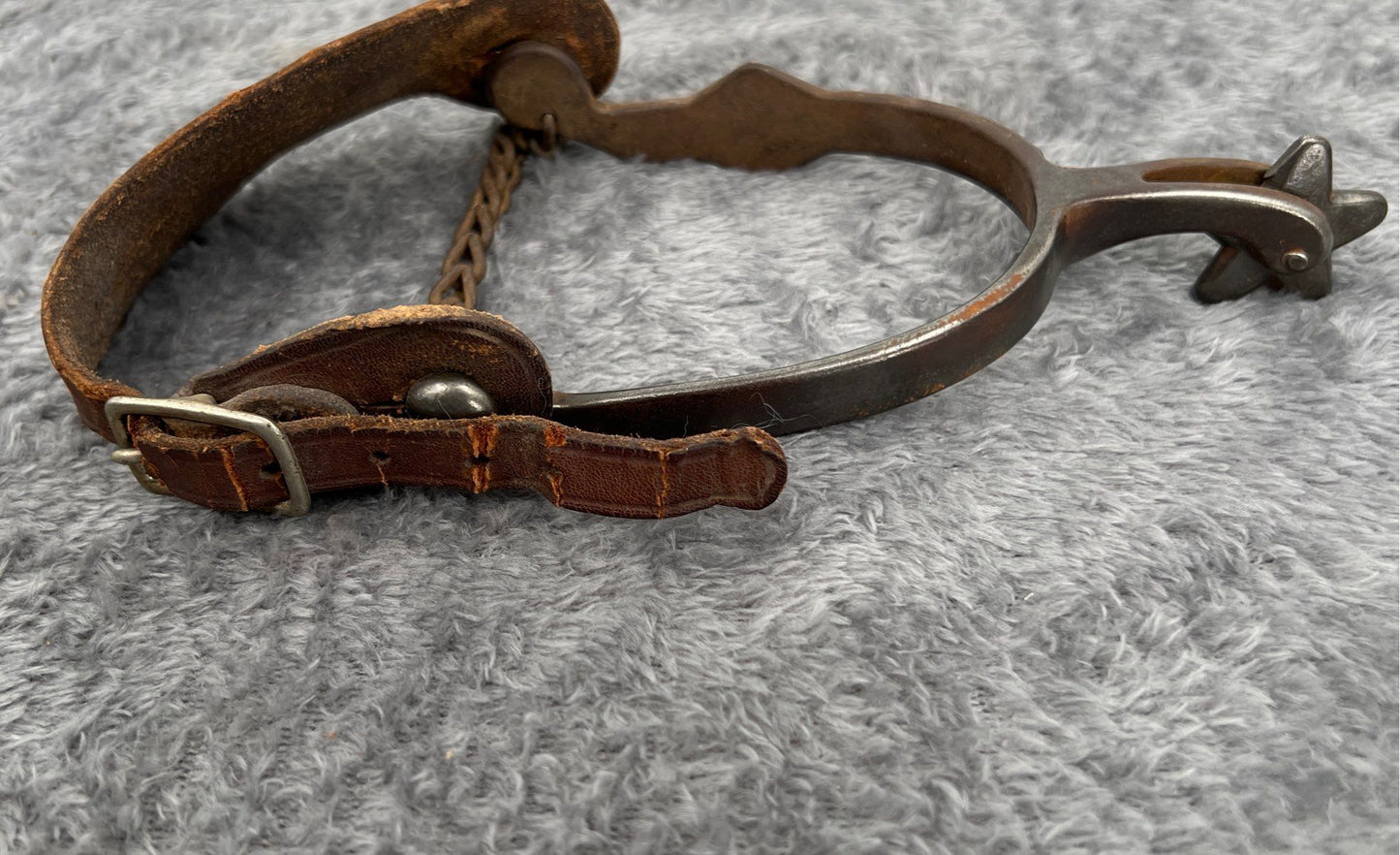 Antique Pair Of Western Spurs-Leather Straps W/ Buckles-Metal Chains-Star Spurs