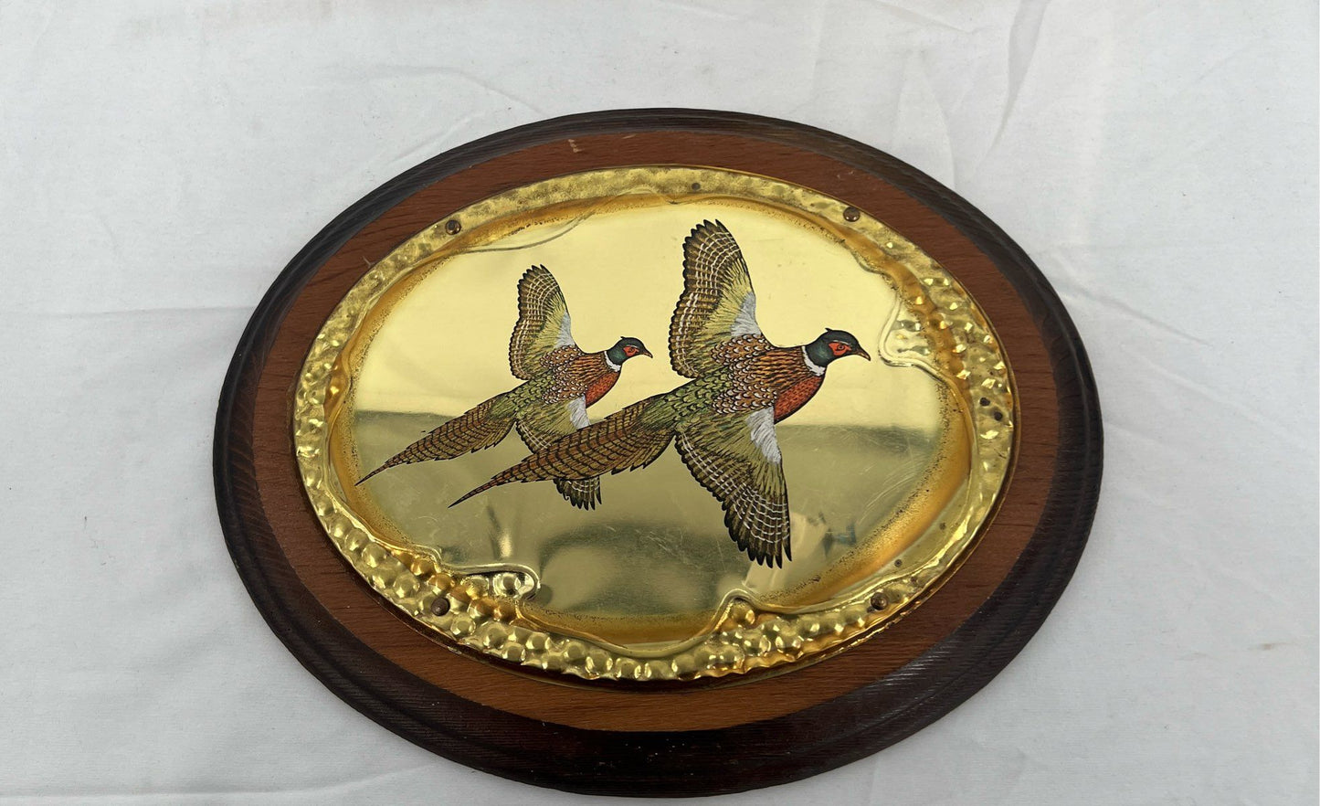 Pair Of Vintage MCM Wood And Brass Flying Pheasants-Wall Hanging Plaques