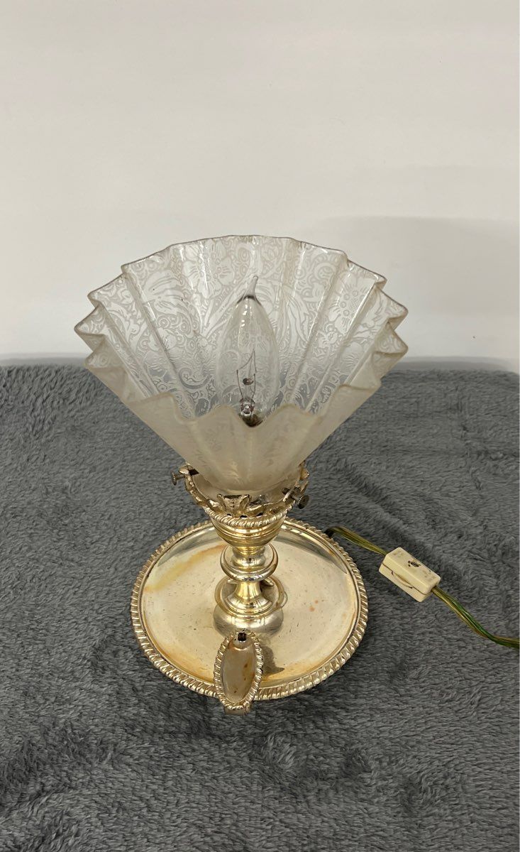 Vintage/Antique Lamp With Brass Base And Etched Floral Ribbed Glass