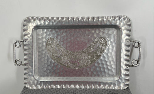 Vintage MCM Cromwell Hand Wrought Aluminum Tray-Deer-Floral-Fruit Etched 21"