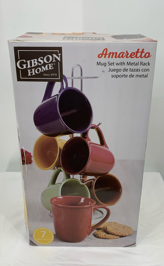 New Gibson Home Cafe Amaretto 7-Piece Mug Set With Metal Rack 6-15 Oz Mugs