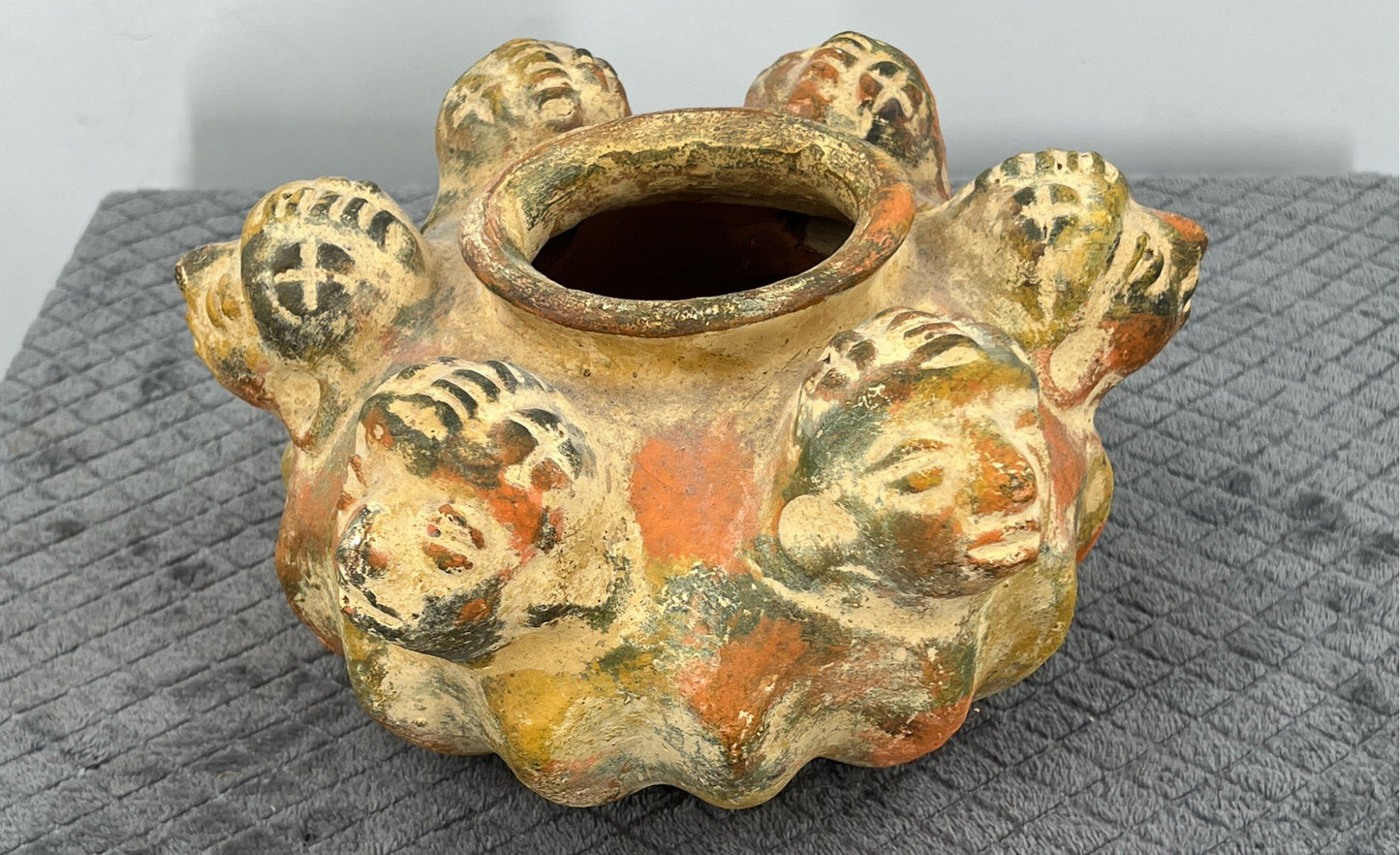 Hecho De Mexico Art Pottery-Aztec Terracotta Multi Heads/Faces Clay Planter Pot