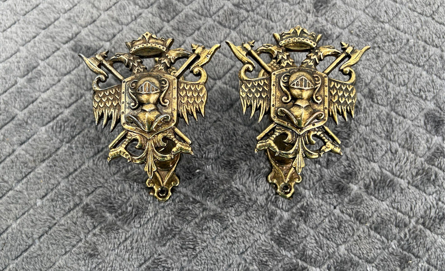 Vintage Pair Of Wall Hook Hangers-Brass Coat Of Arms-Eagle-Towel Hook-Sword-2
