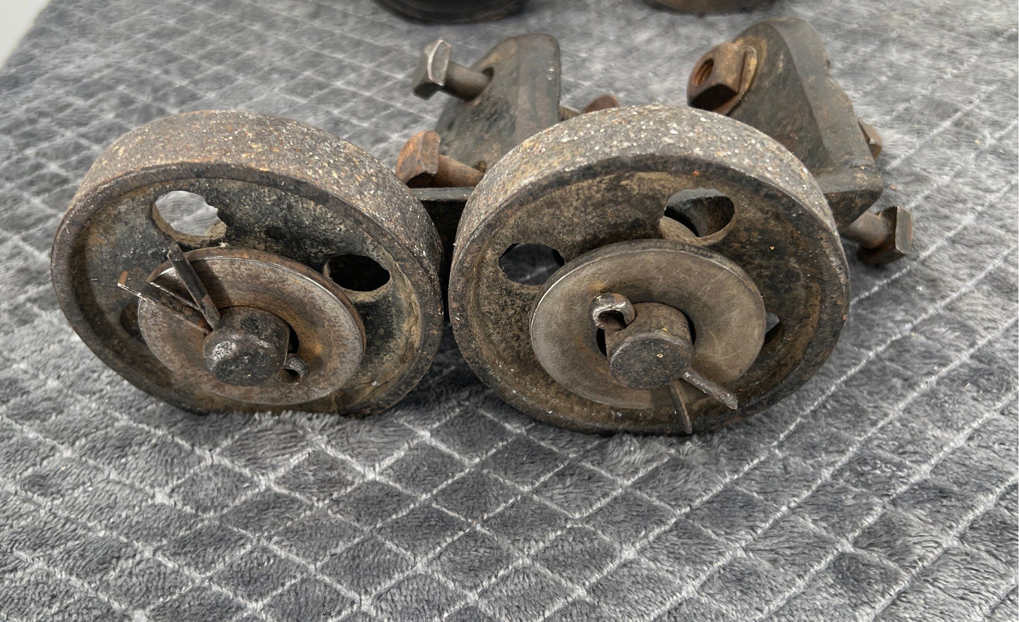 Antique Cast Iron Industrial Wheels-Ornate Factory Cart Casters-Lot Of 4-D 18