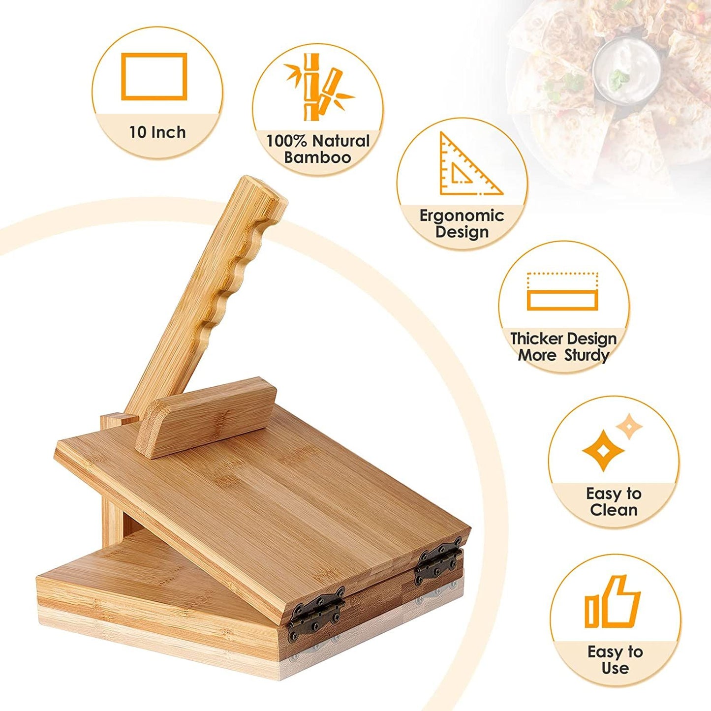 New 100% Natural Bamboo Large Tortilla Press 10 Inch Roti Maker With Rolling Pin