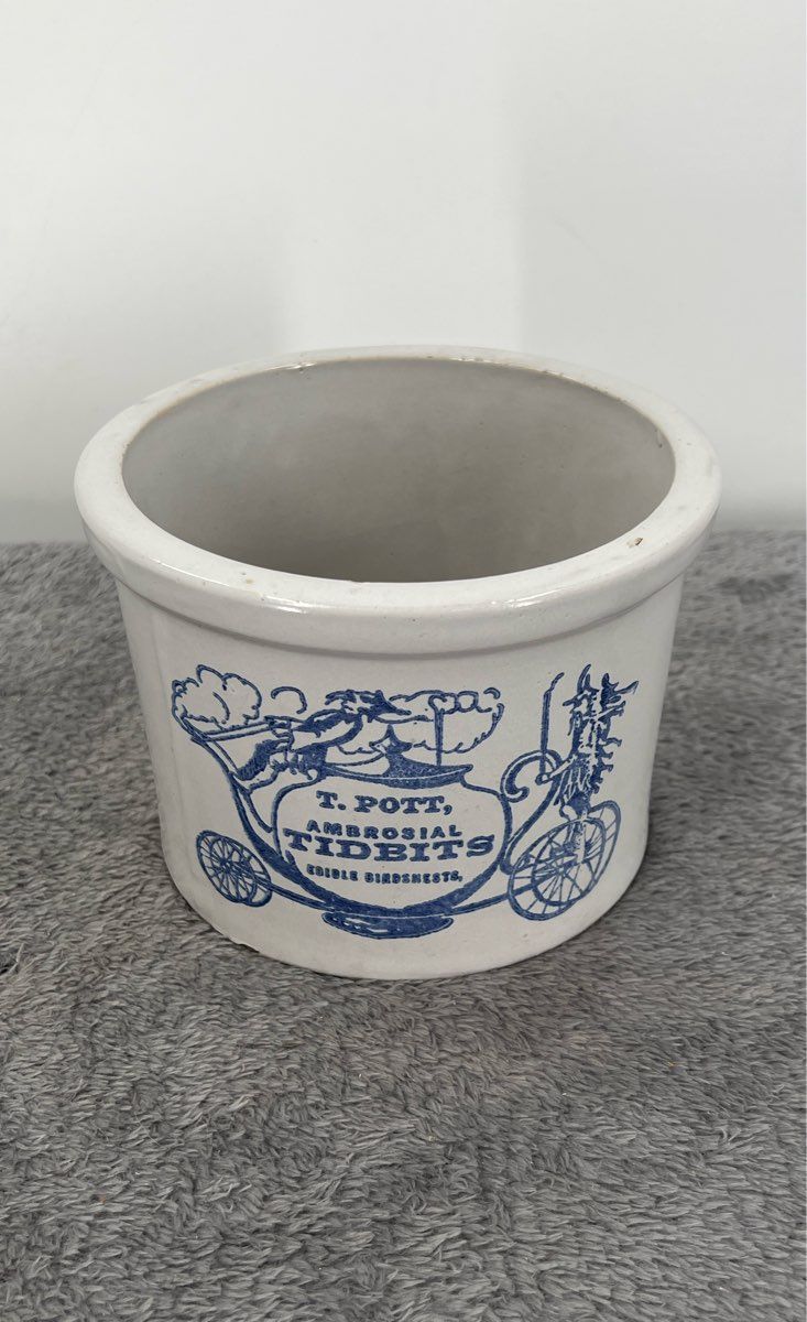 Vintage T. Pott, Ambrosial TIDBITS Edible Birdsnests Stoneware Crock 4.5" Tall