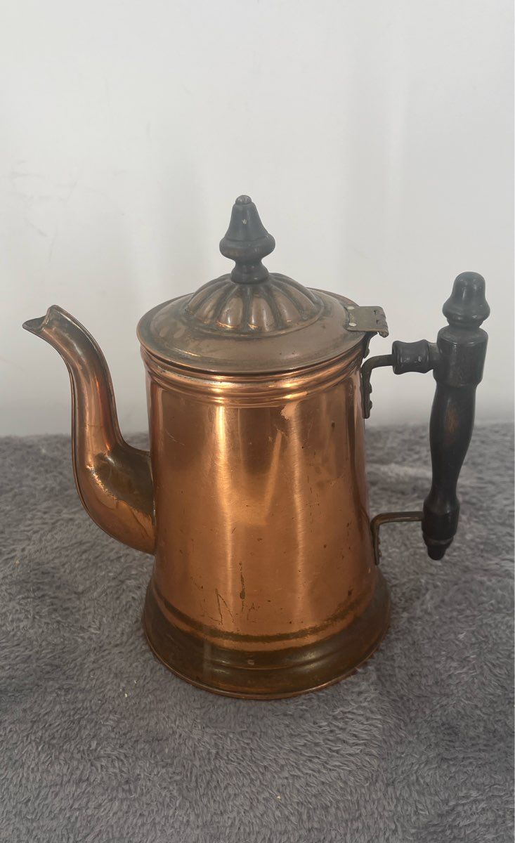 Vintage Rome Metal Copper Tea Pot-Antique Tin Lined With Wooden Handle-8" Tall