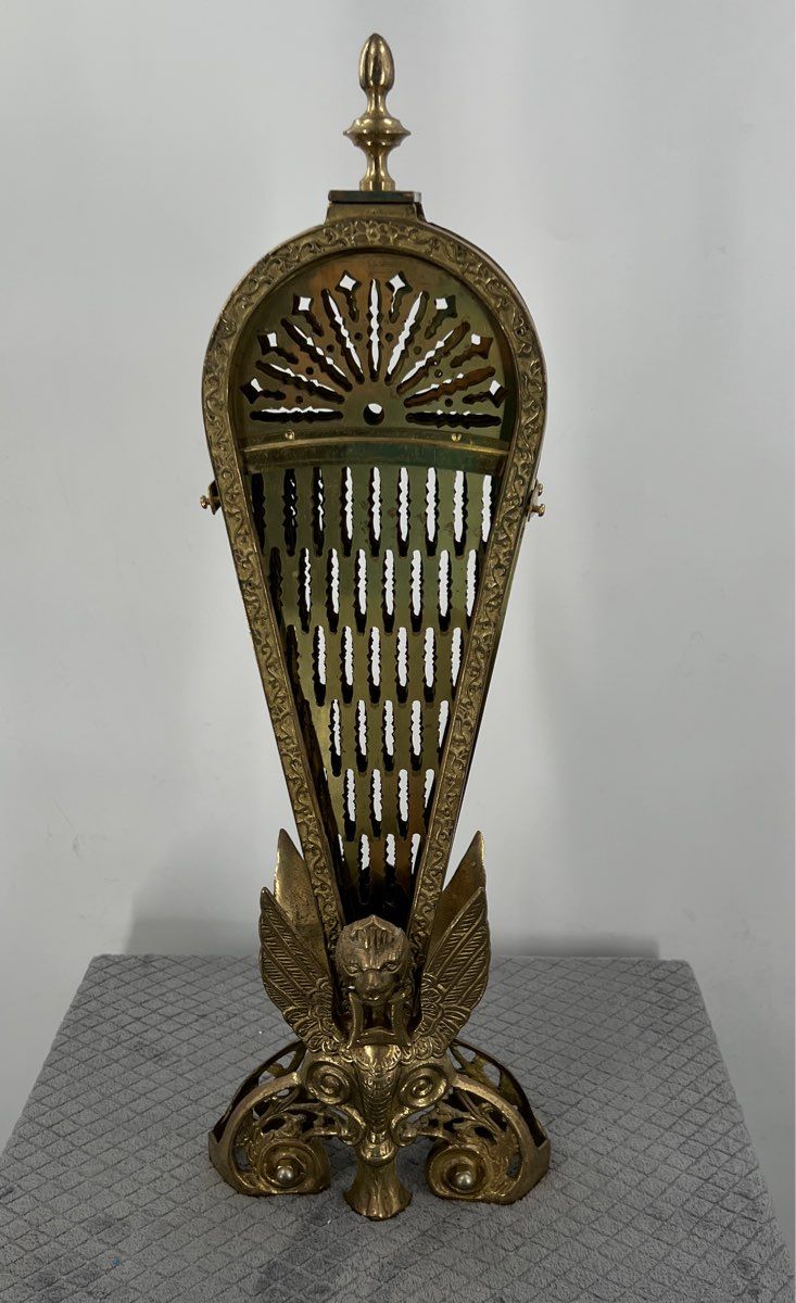 Vintage Victorian Brass Fanning Peacock Fireplace Screen-Griffin Gargoyle