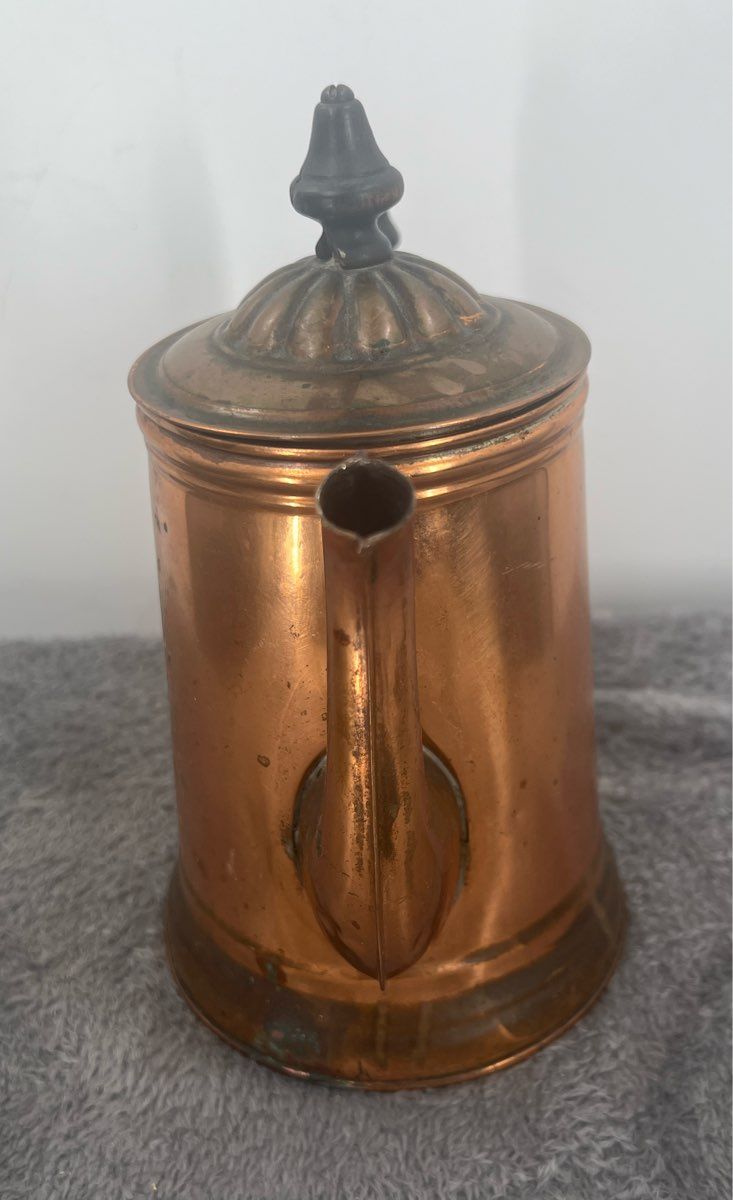 Vintage Rome Metal Copper Tea Pot-Antique Tin Lined With Wooden Handle-8" Tall