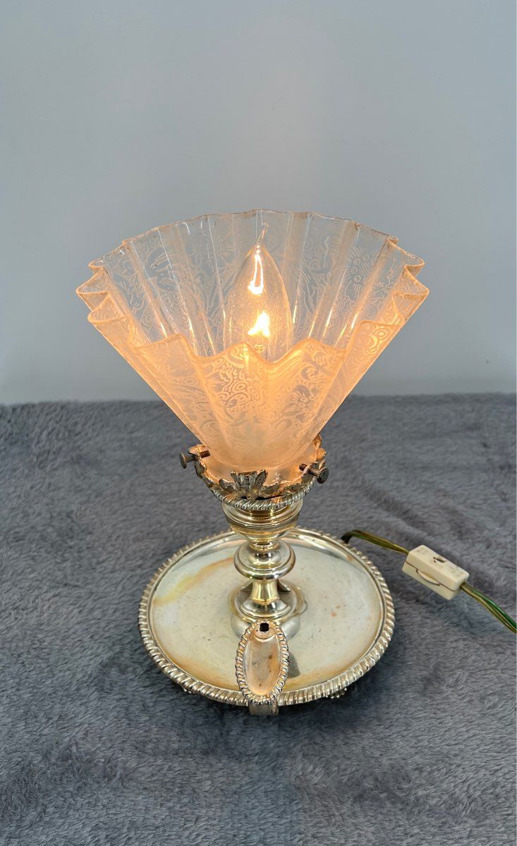 Vintage/Antique Lamp With Brass Base And Etched Floral Ribbed Glass
