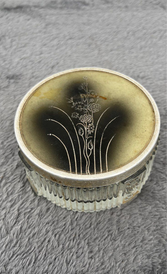 Vtg Art Deco Floral Glass Vanity Powder Jar With Lid-Ribbed-Floral Etched Glass