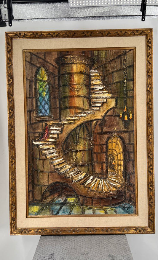 Vintage Signed Van Hoople Winding Castle Staircase-Stairway To Heaven Painting