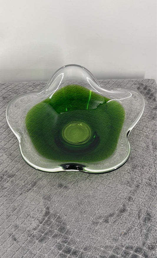 Vintage MCM Clear Green Art Glass Large Dish/Bowl Ruffled Edges 11.5" X 3.5"