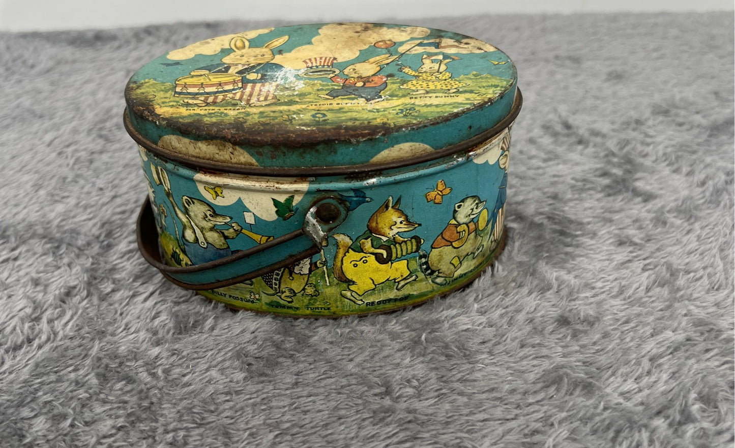 Antique/Vintage Peter Rabbit On Parade Tindeco Tin Canister With Lid & Handle
