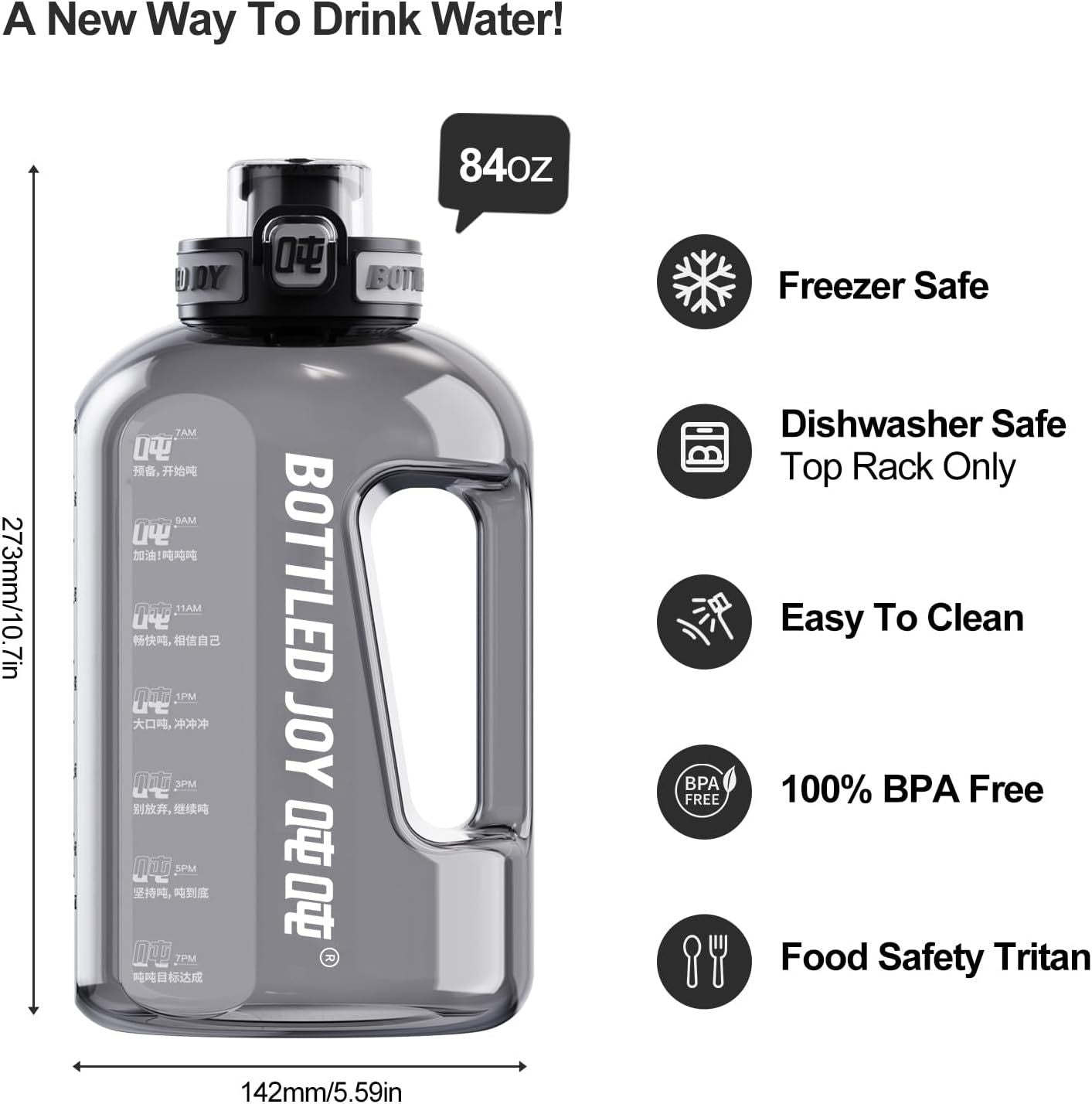 DUNDUN Bottled Joy 2.5 Liter 84 Ounce Water Bottle-Spill Proof-100% BPA Free