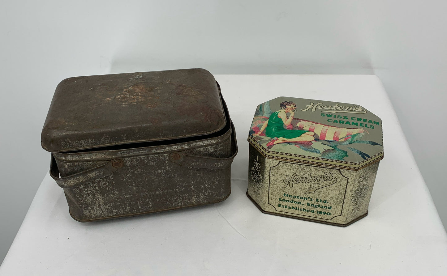 Vintage Tins Union Leader Cut Plug Tobacco & Heaton's Swiss Cream Caramels Tin