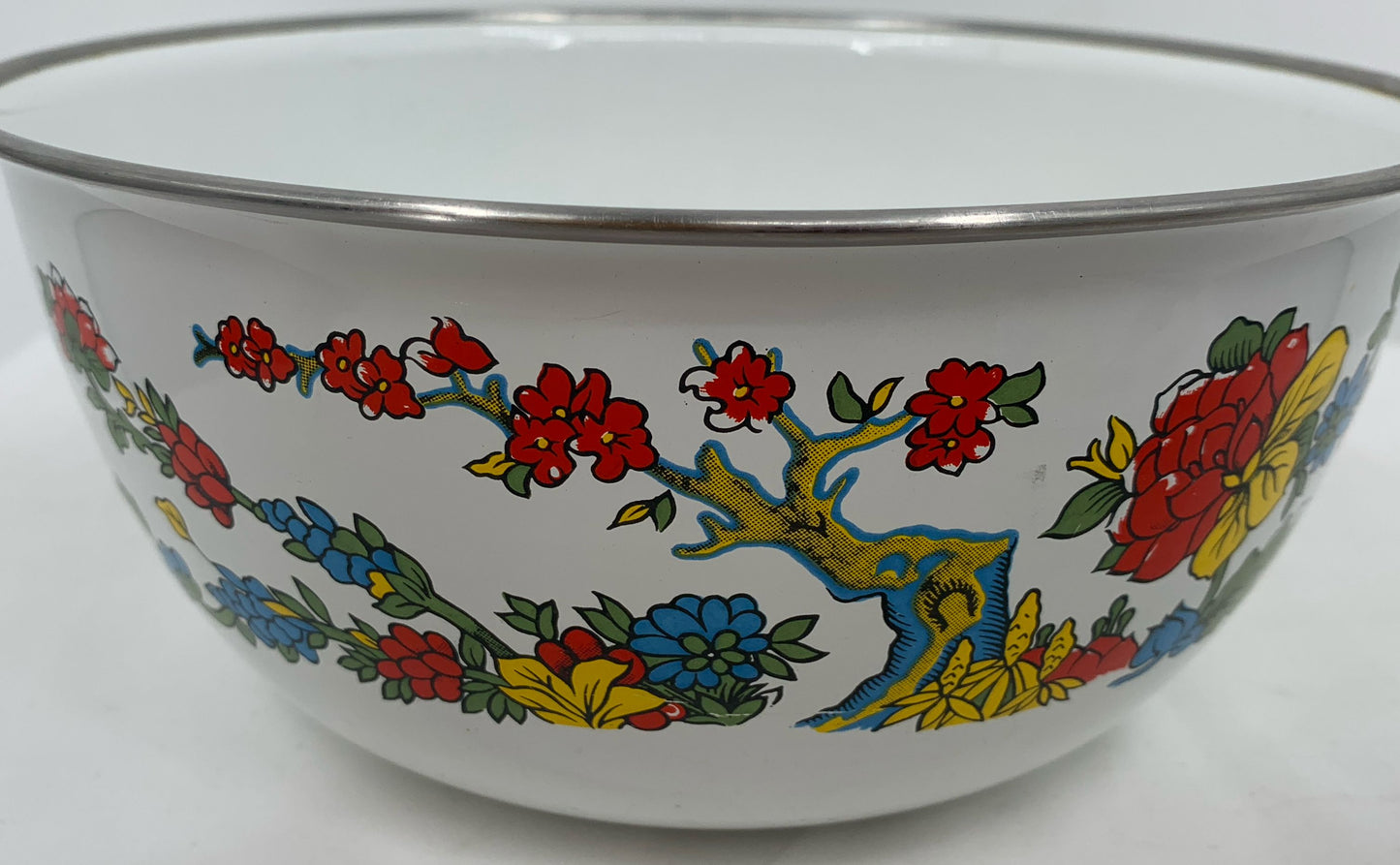 Vintage Enamelware Nesting Mixing Bowls Set Of 3 Red Yellow Blue Flowers 8.75"