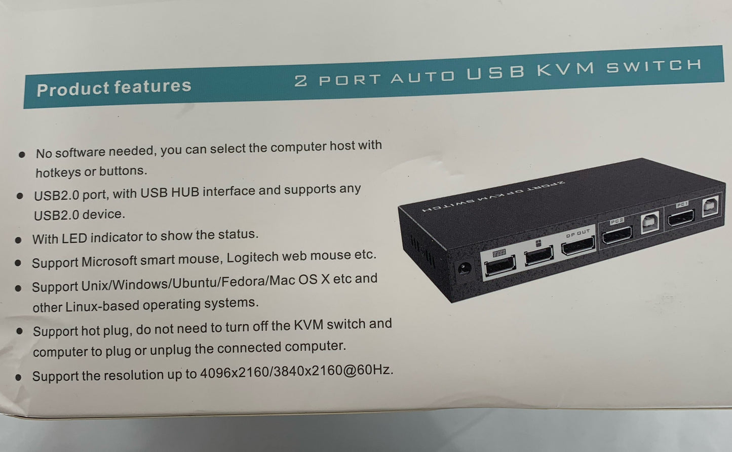 DP KVM Switch 2 Port Auto USB MT-VIKI 4K 60Hz Automatic Switching, Hot-Key PK201