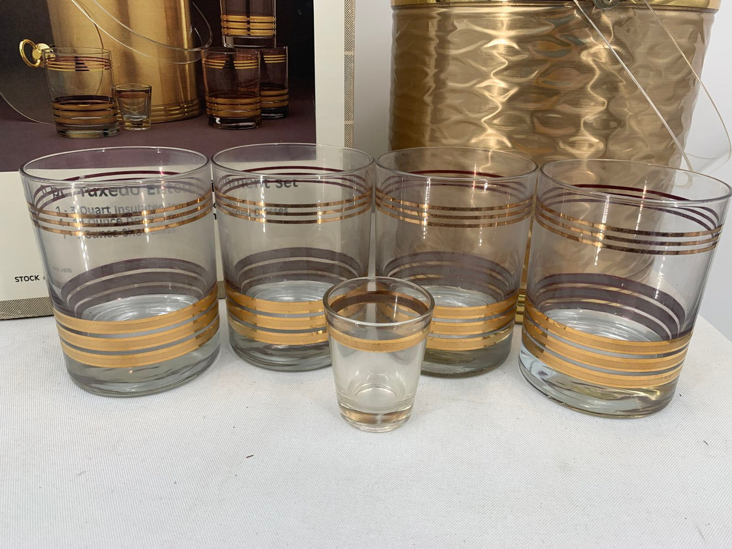 Dusseau Gold Tuxedo 6 Pc. Entertainment Set Ice Bucket 4 Glasses & Shot Glass