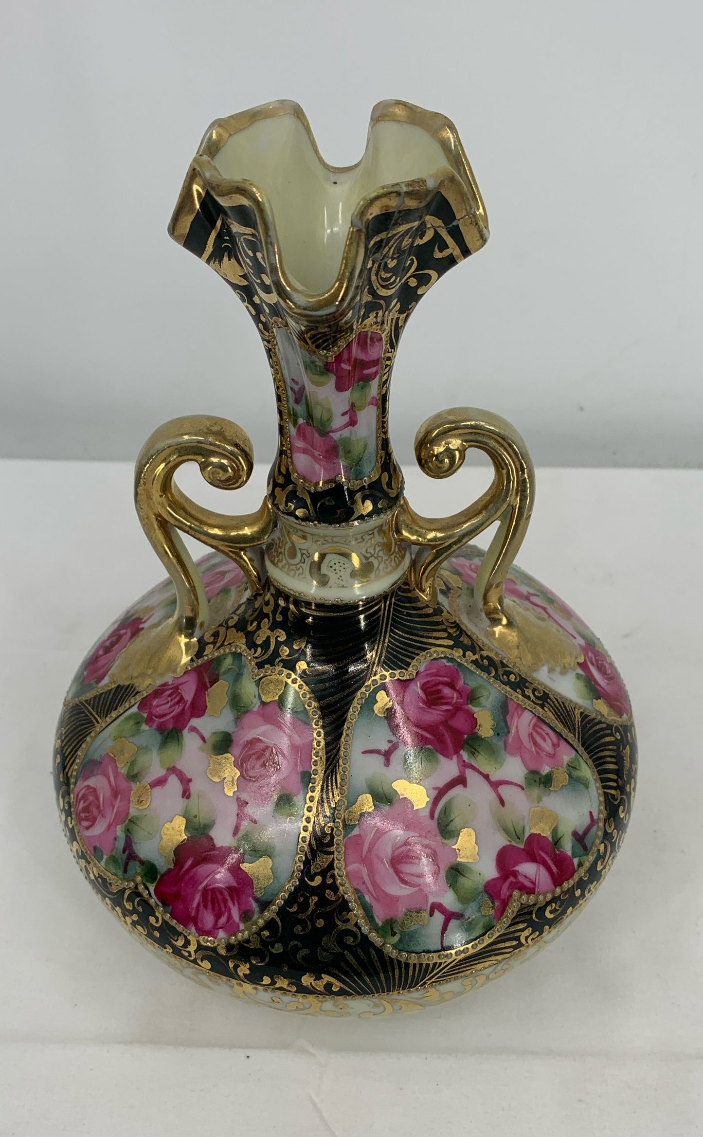 Nippon Handpainted Roses And Gold Colored 8.75" Vase