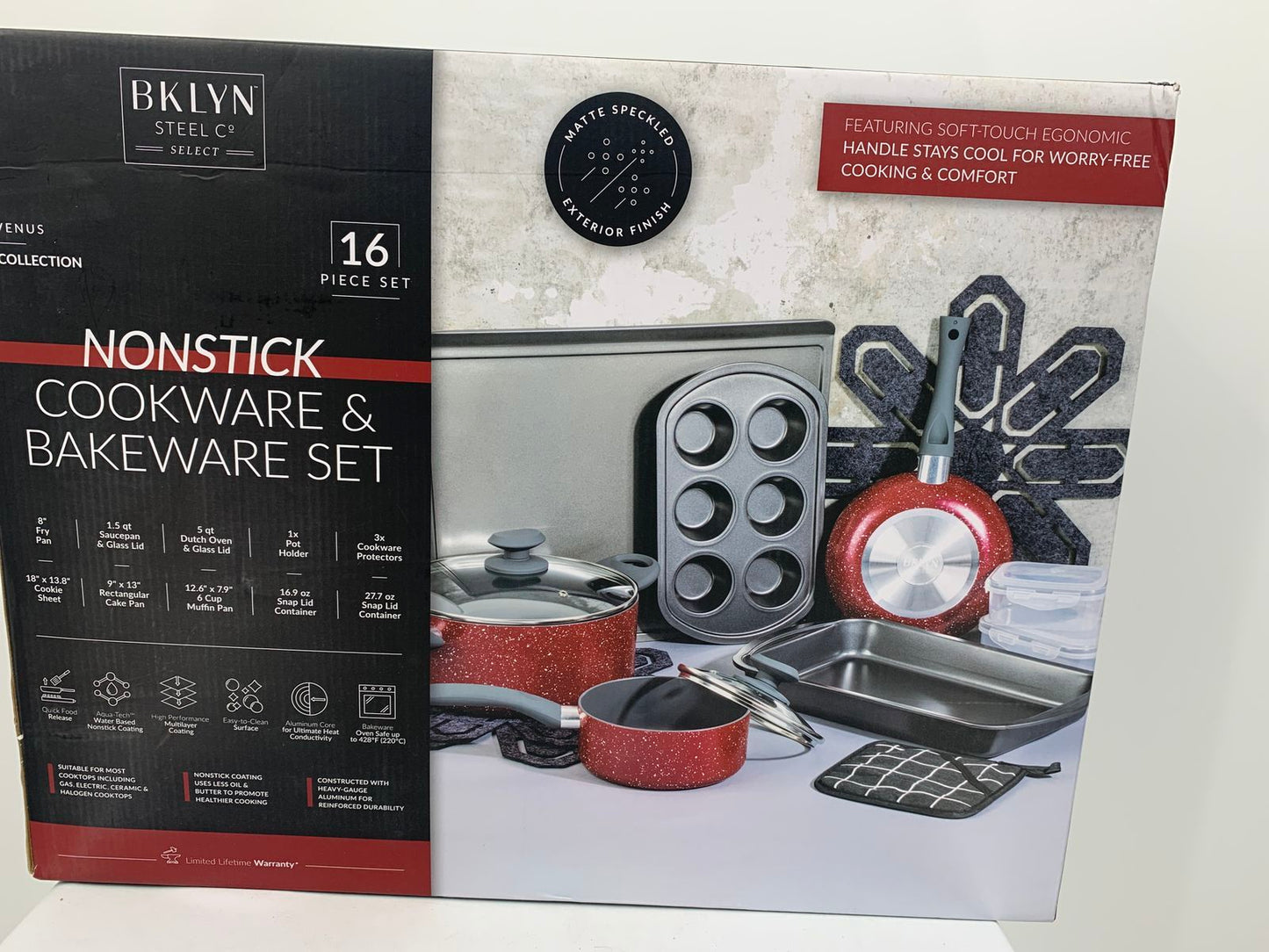 Venus Collection Bklyn Steel Co Red 16 Piece Nonstick Cookware & Bakeware Set