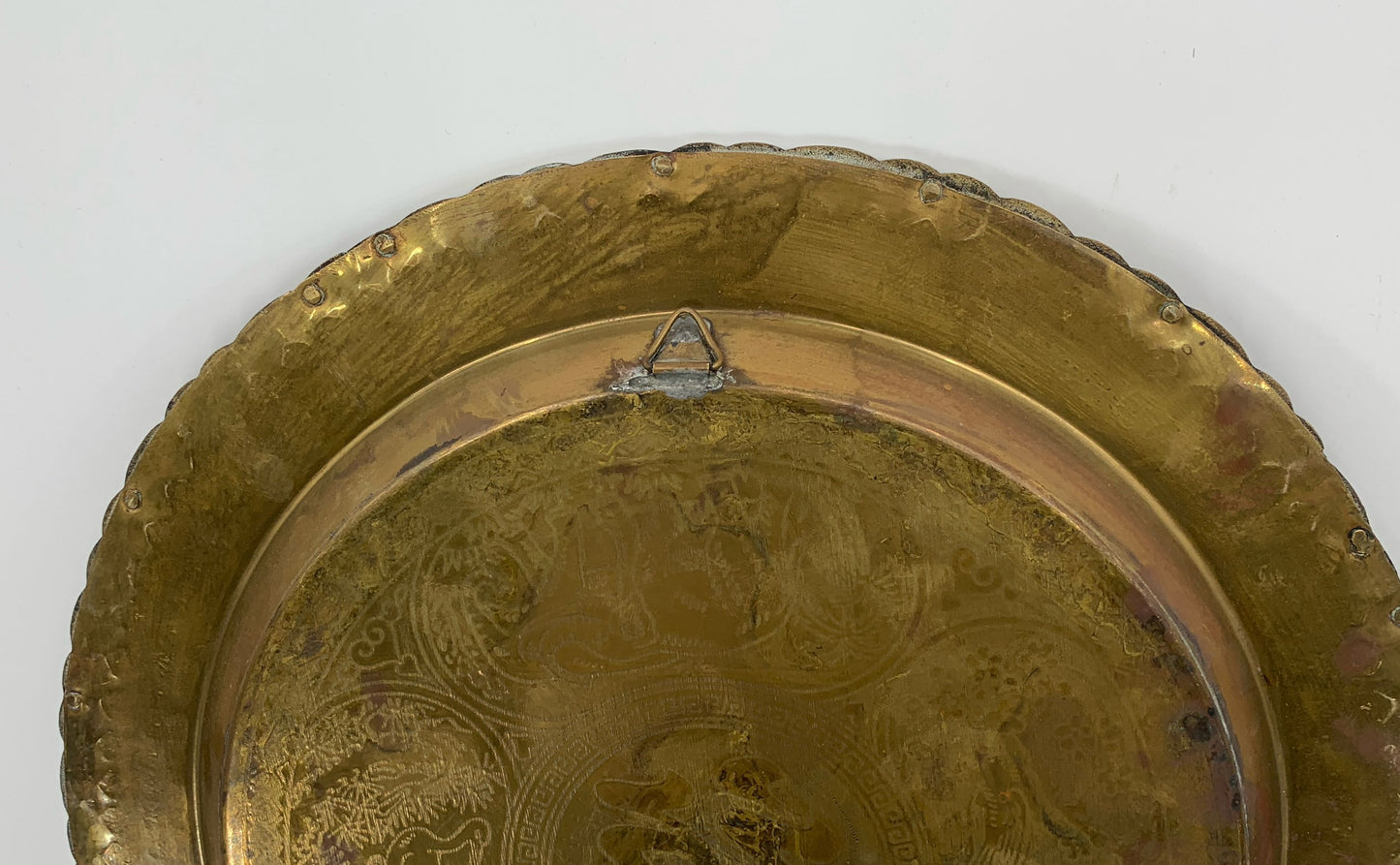 Vintage 14" Brass Etched Round Hanging Animal Tray