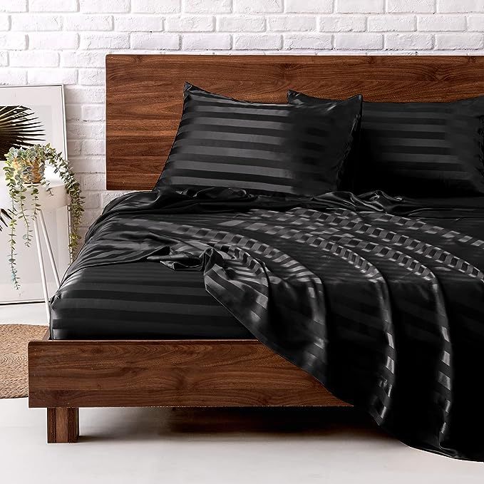 Mr&hm Black Striped Satin Bed Sheets, Twin Size 3 Pcs Silky Bedding Set New
