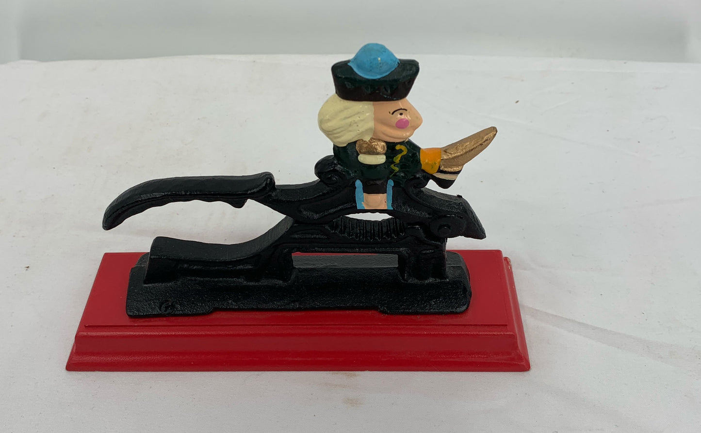 Vintage Cast Iron Metal Nut Cracker Wood Base Christmas Toy Soldier 7.5"