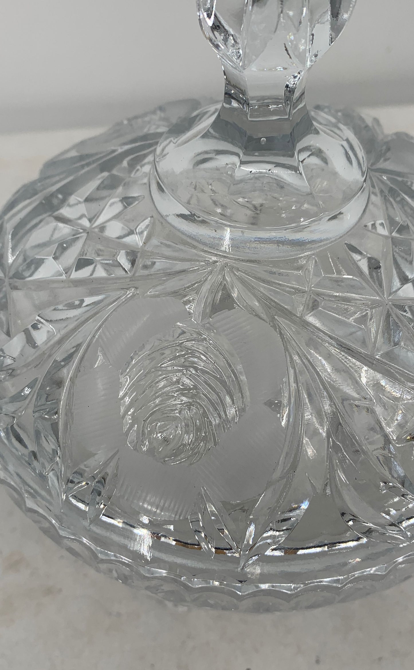 Vintage Flower Pattern Clear Pressed Glass Footed Candy Dish With Spire Lid