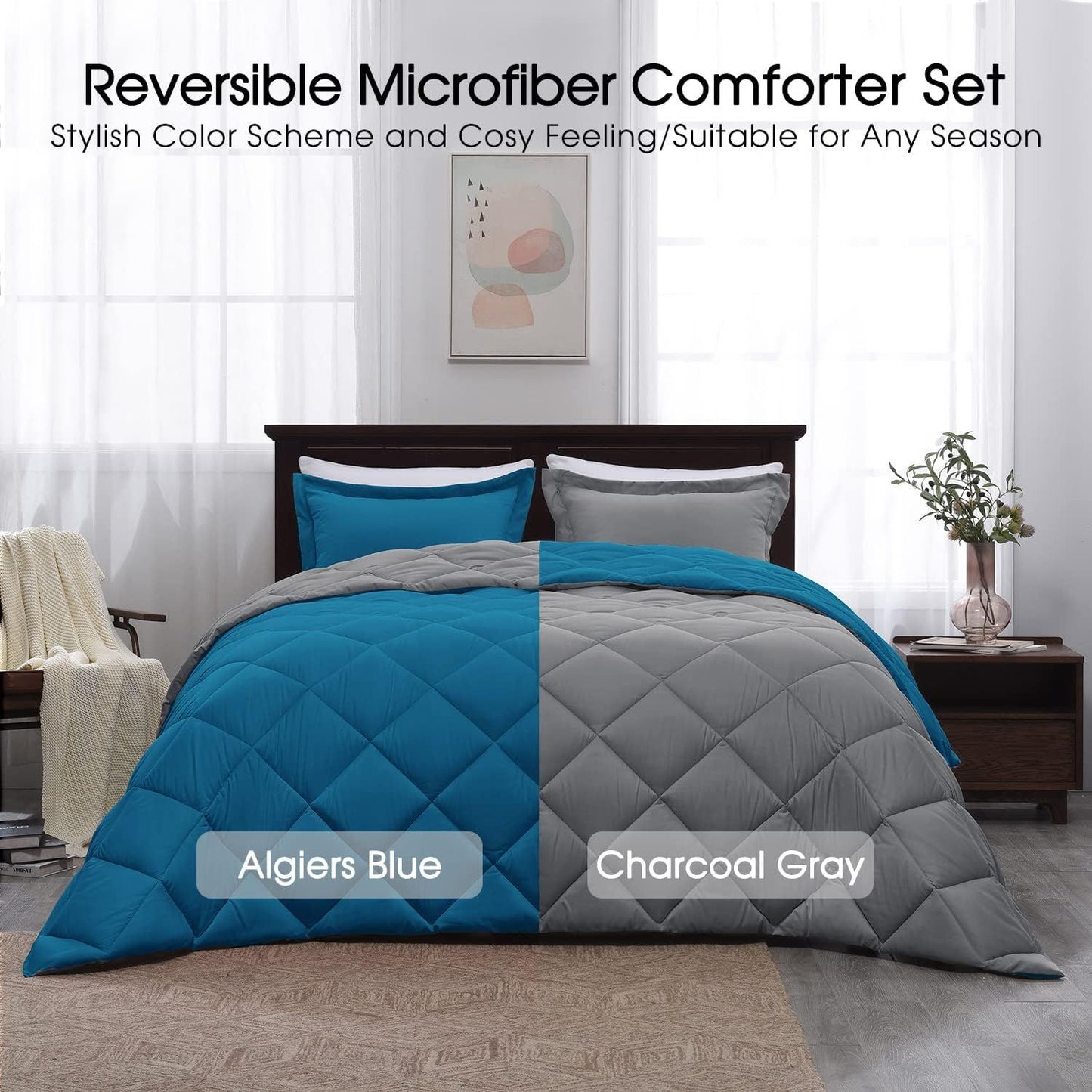 Basic Beyond Reversible Queen Comforter Set-Algiers Blue/Charcoal Gray