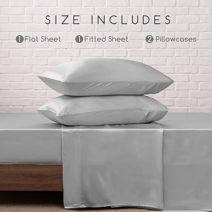 Mr&hm Silver Grey Satin Bed Sheets, Full Size 4 Pcs Silky Bedding Set New