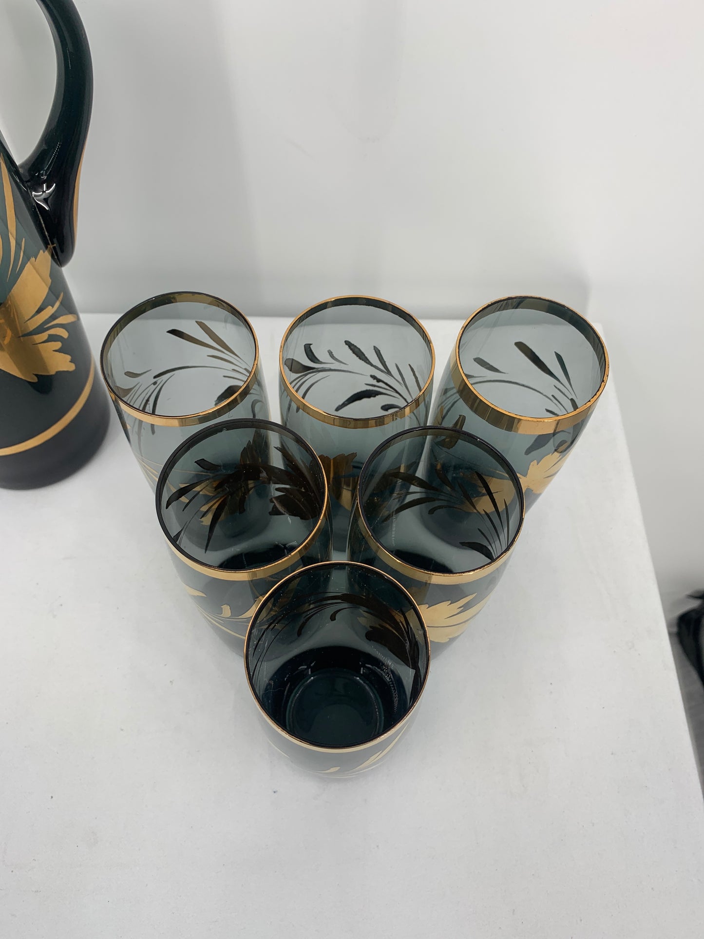 Vintage Black and Gold Glass Pitcher With Six Glasses Gold Flower & Leaf Pattern