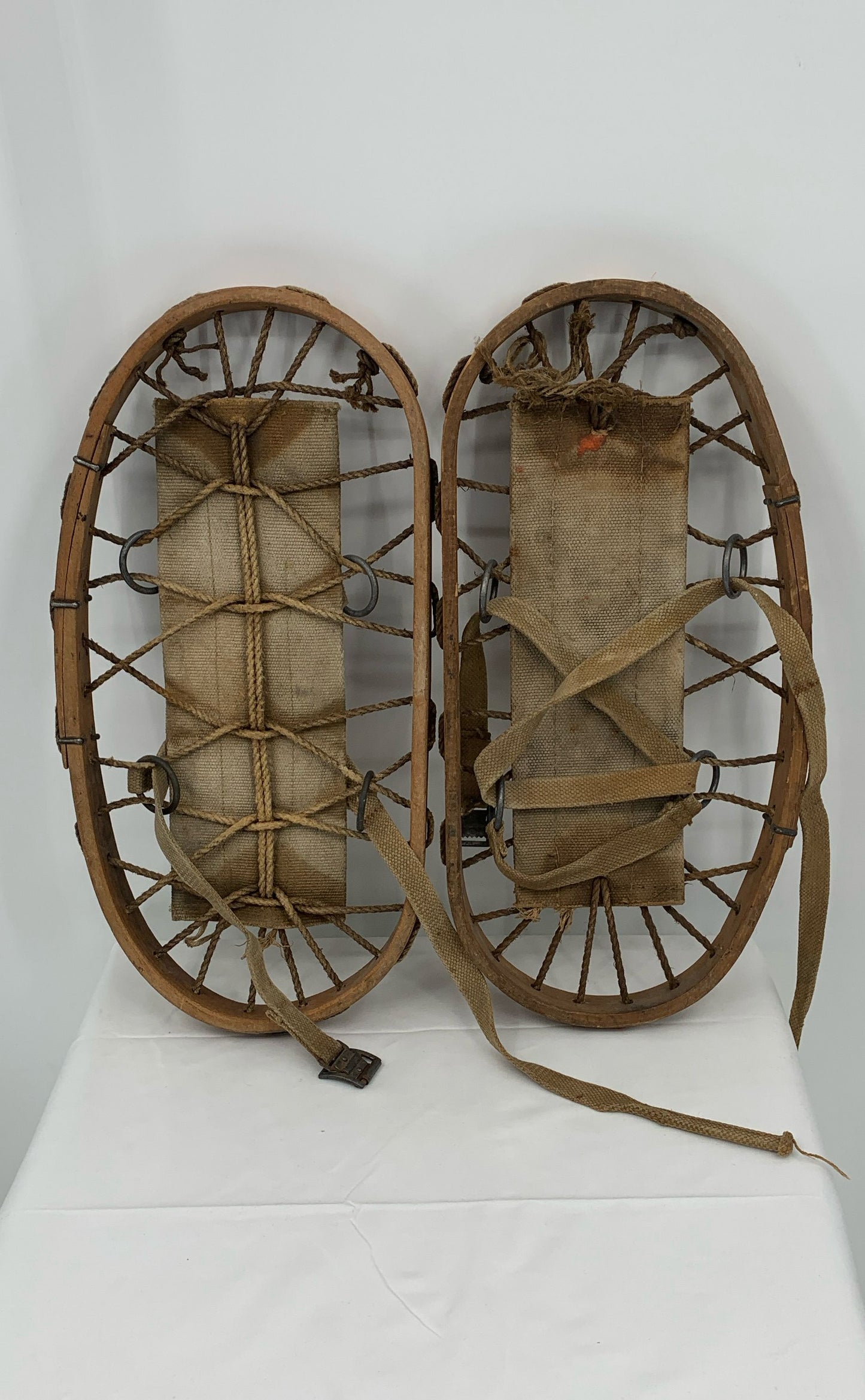 Vintage Mountaineering WWII Era Pair Of Wood, Rope And Canvas Snow Shoes