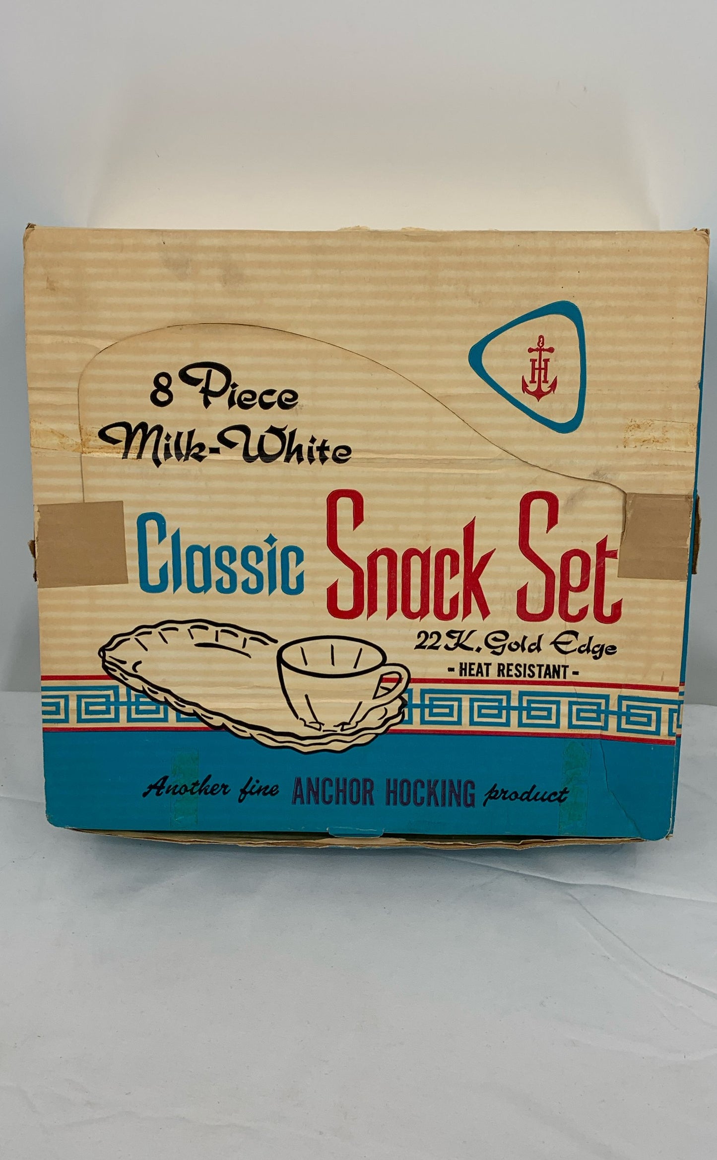 Vintage Anchor Hocking 8 Piece Classic Snack Set 22k Gold Edge-With Original Box