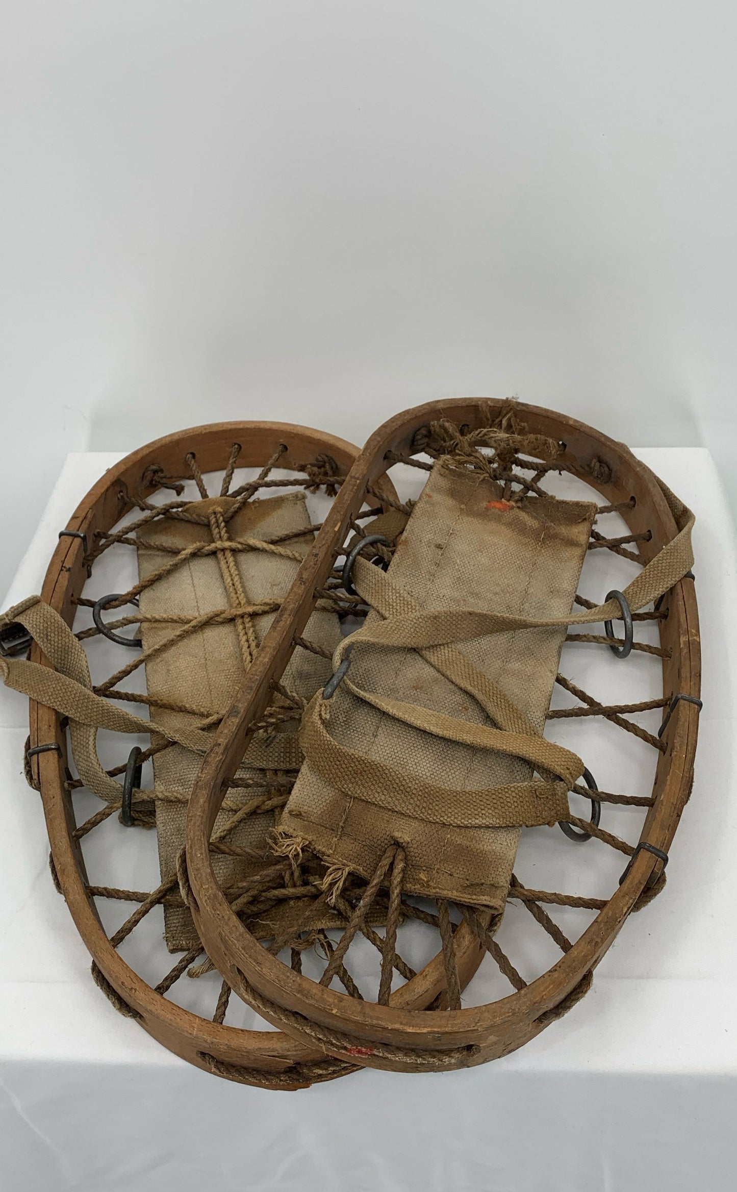 Vintage Mountaineering WWII Era Pair Of Wood, Rope And Canvas Snow Shoes