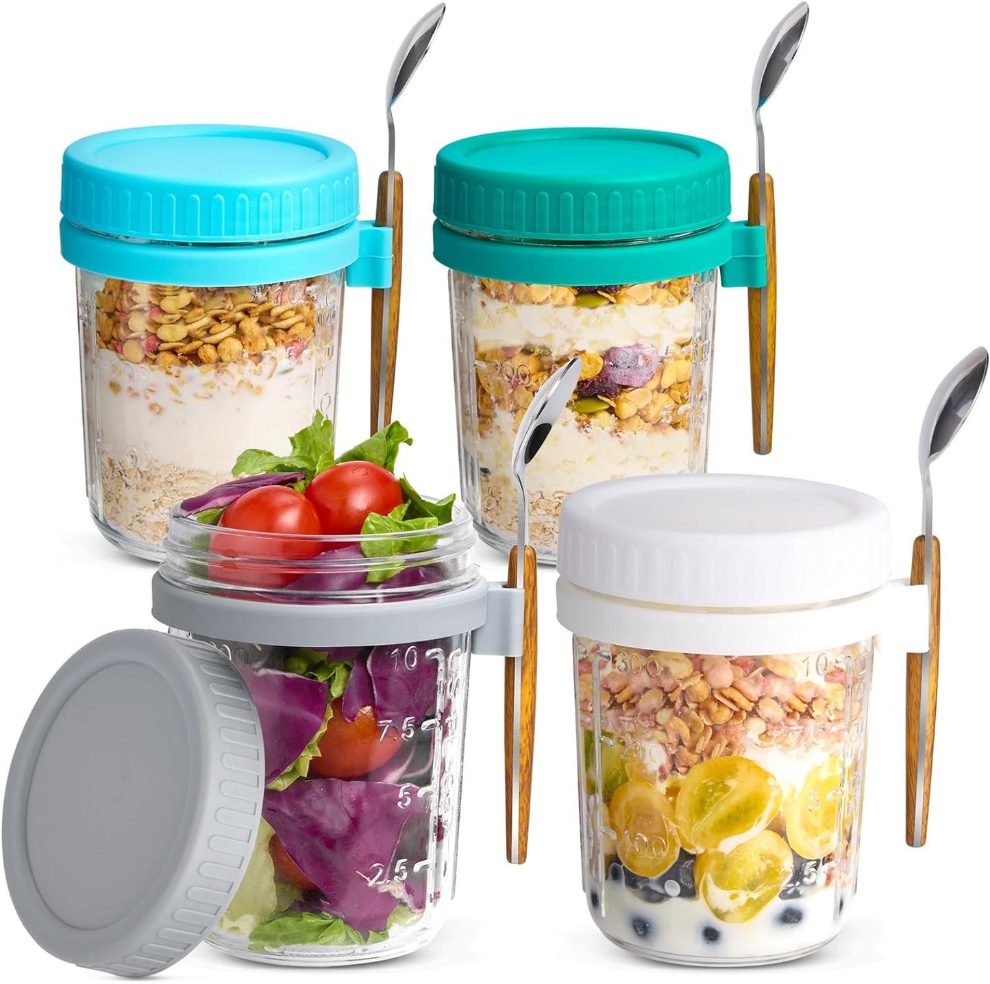 Brizar Set Of 4 Overnight Oats Airtight Glass Jars With Lid And Spoon 10 Ounces