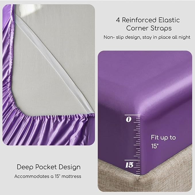 Mr&hm Lavender Satin Bed Sheets, Full Size 4 Pcs Silky Bedding Set New