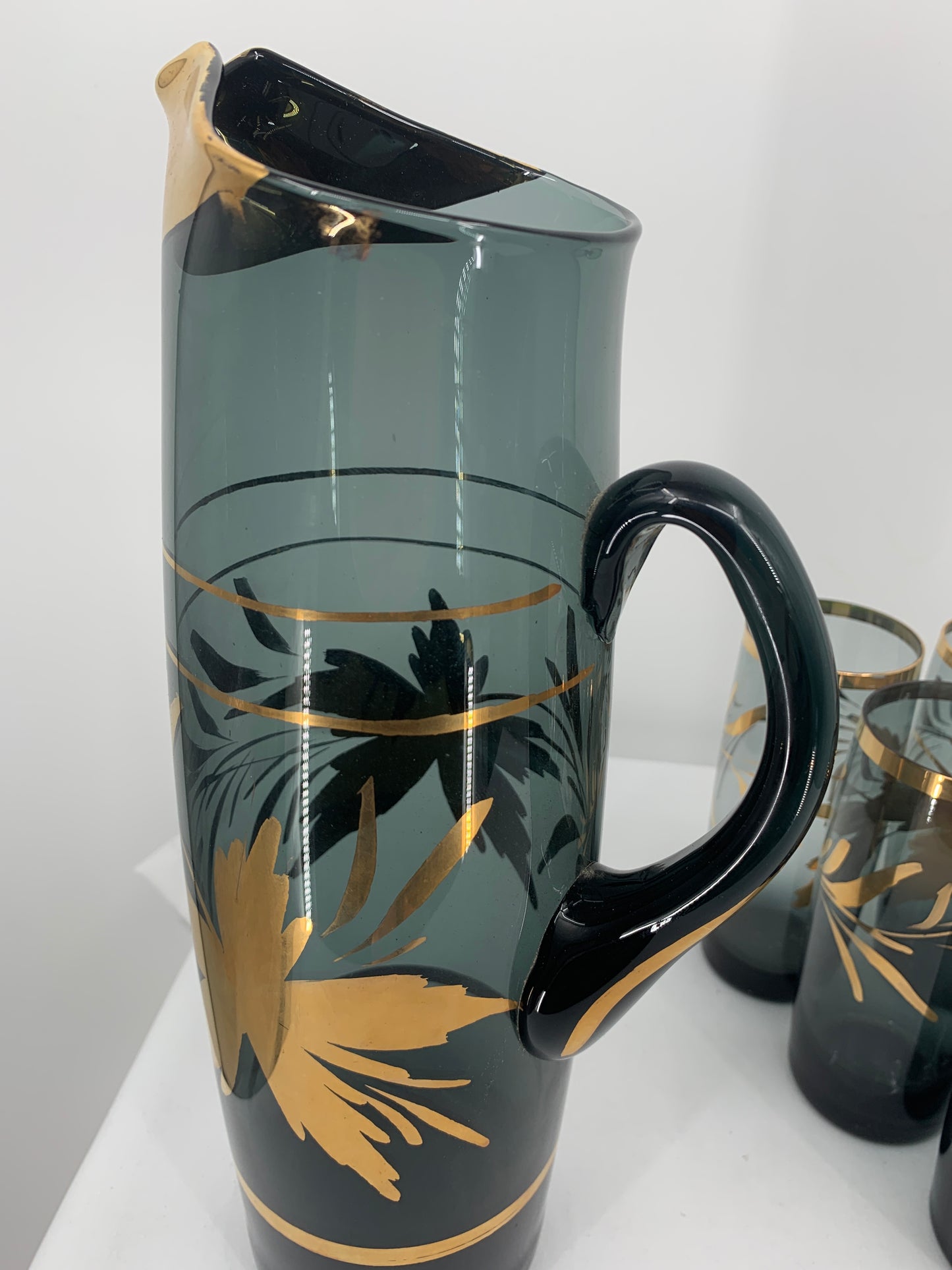 Vintage Black and Gold Glass Pitcher With Six Glasses Gold Flower & Leaf Pattern