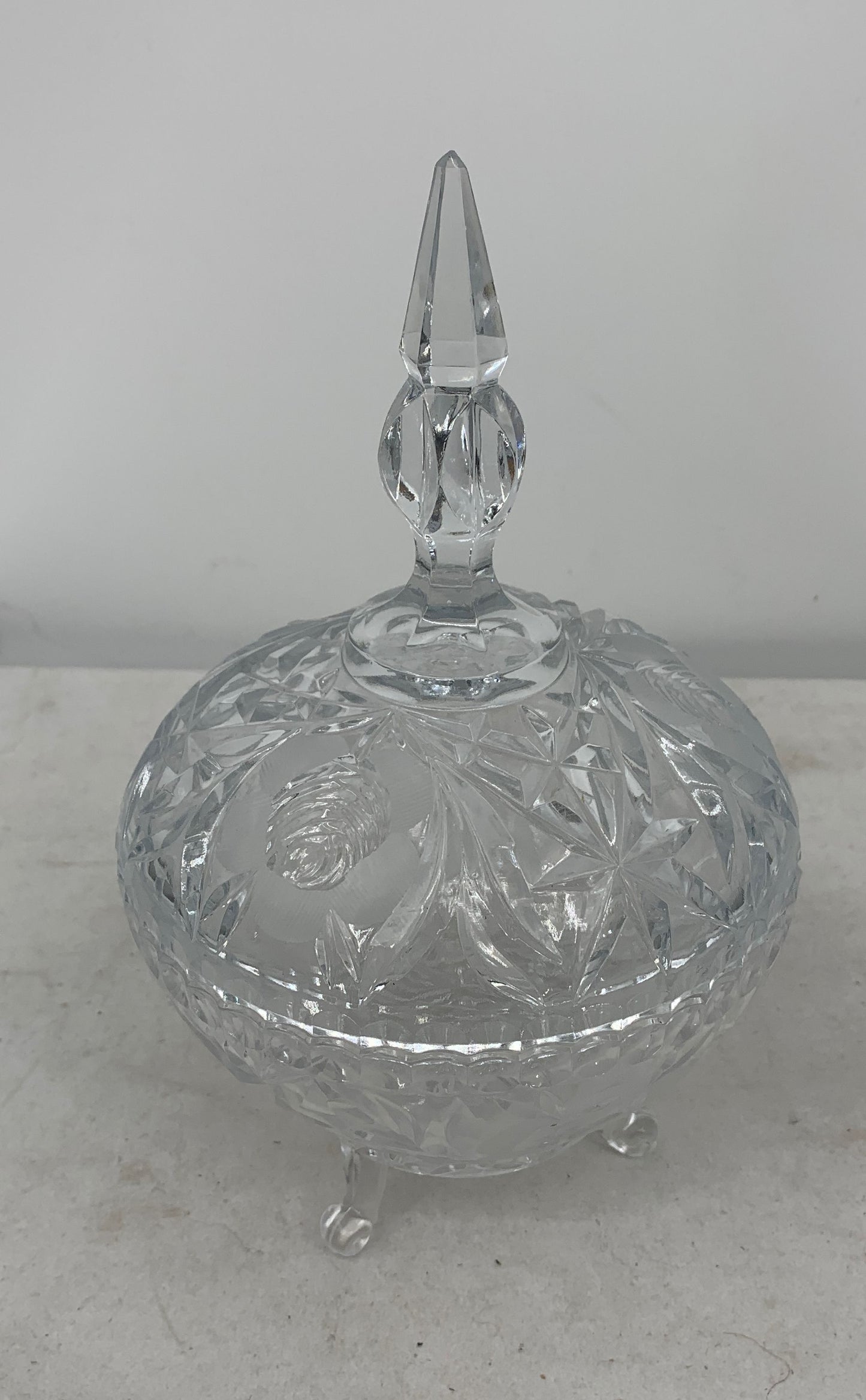 Vintage Flower Pattern Clear Pressed Glass Footed Candy Dish With Spire Lid