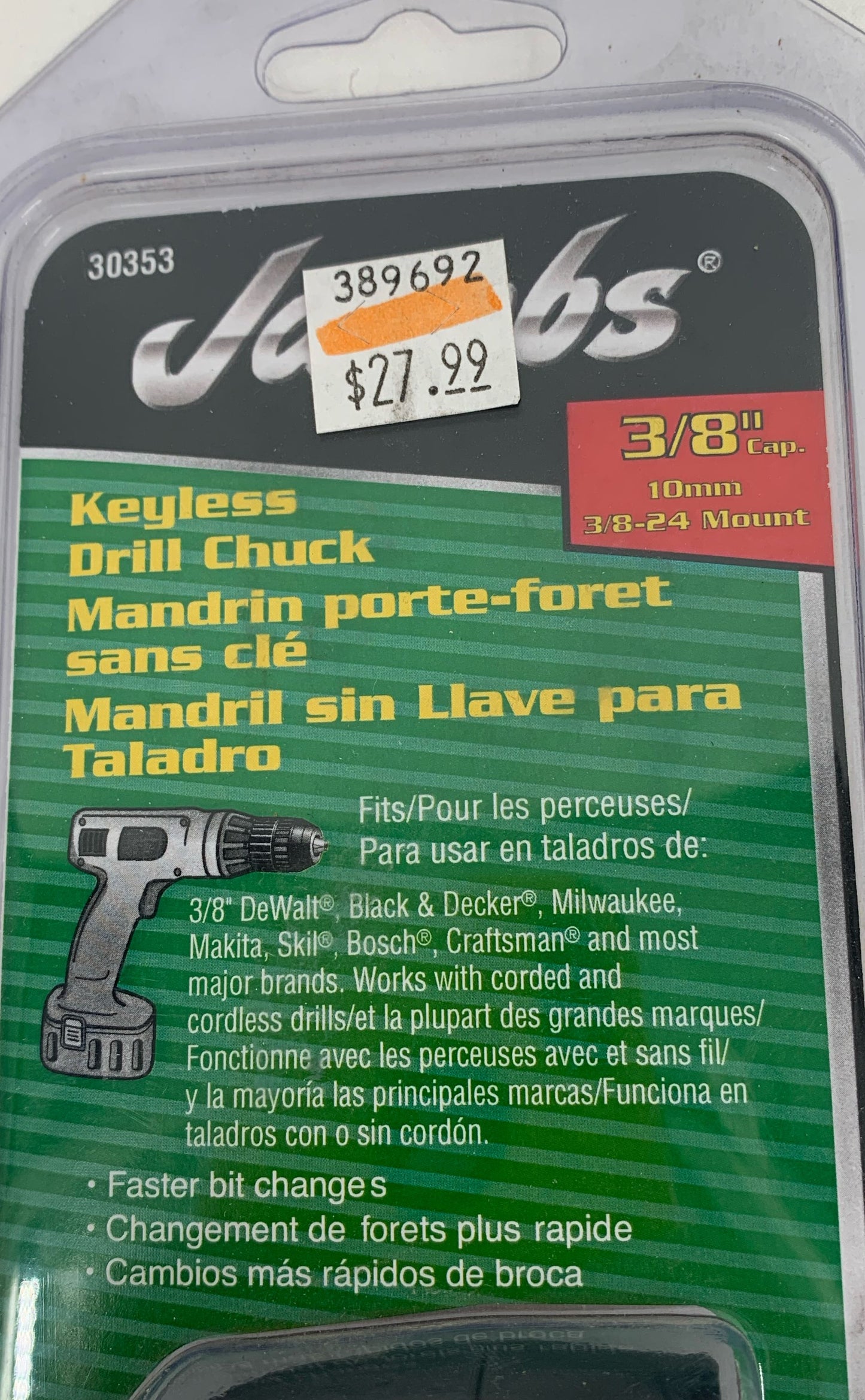 New Jacobs 30353 3/8" Keyless Drill Chuck 3/8 24 Mount 10 mm Lot Of 2