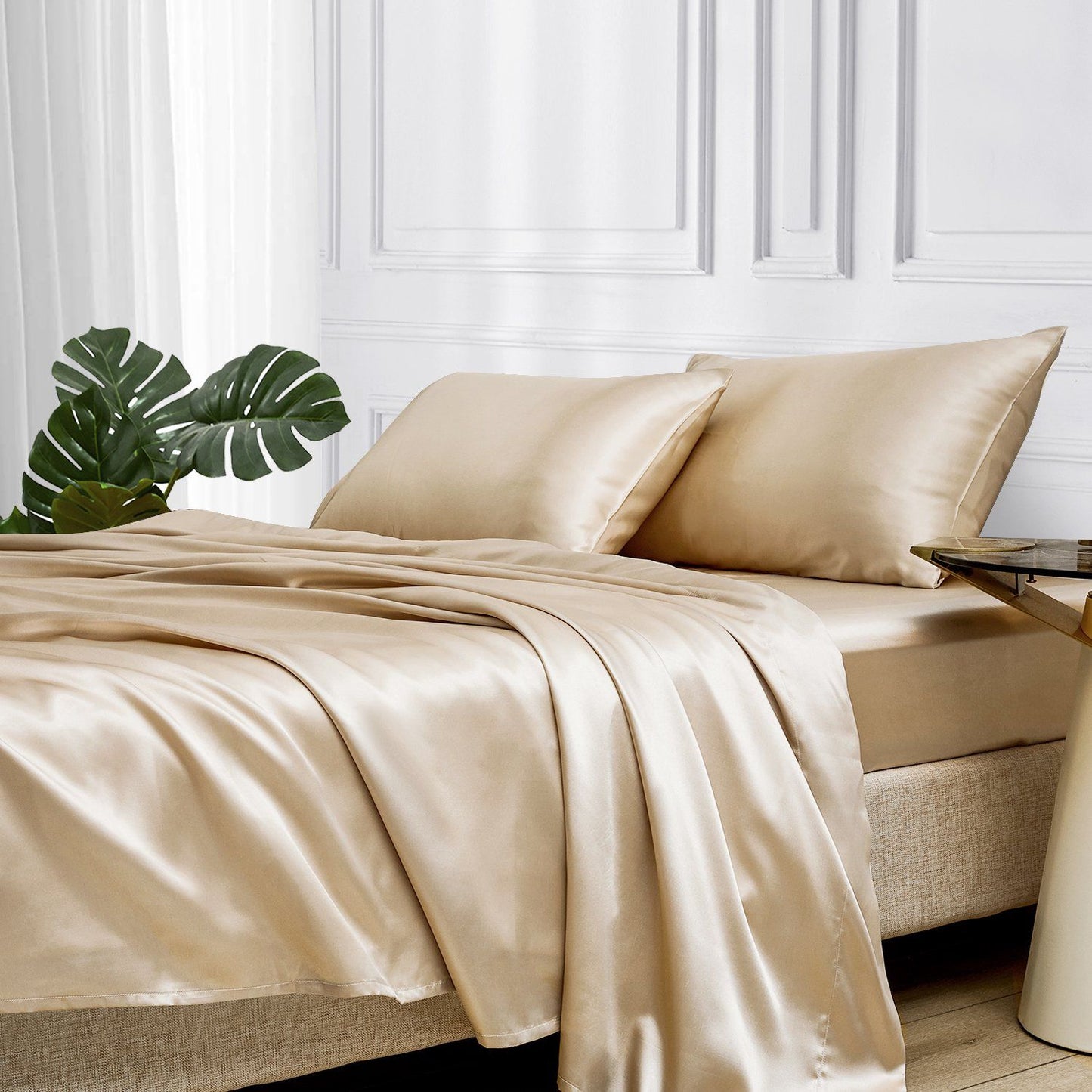 Mr&hm Taupe Satin Bed Sheets, Full Size 4 Pcs Silky Bedding Set New