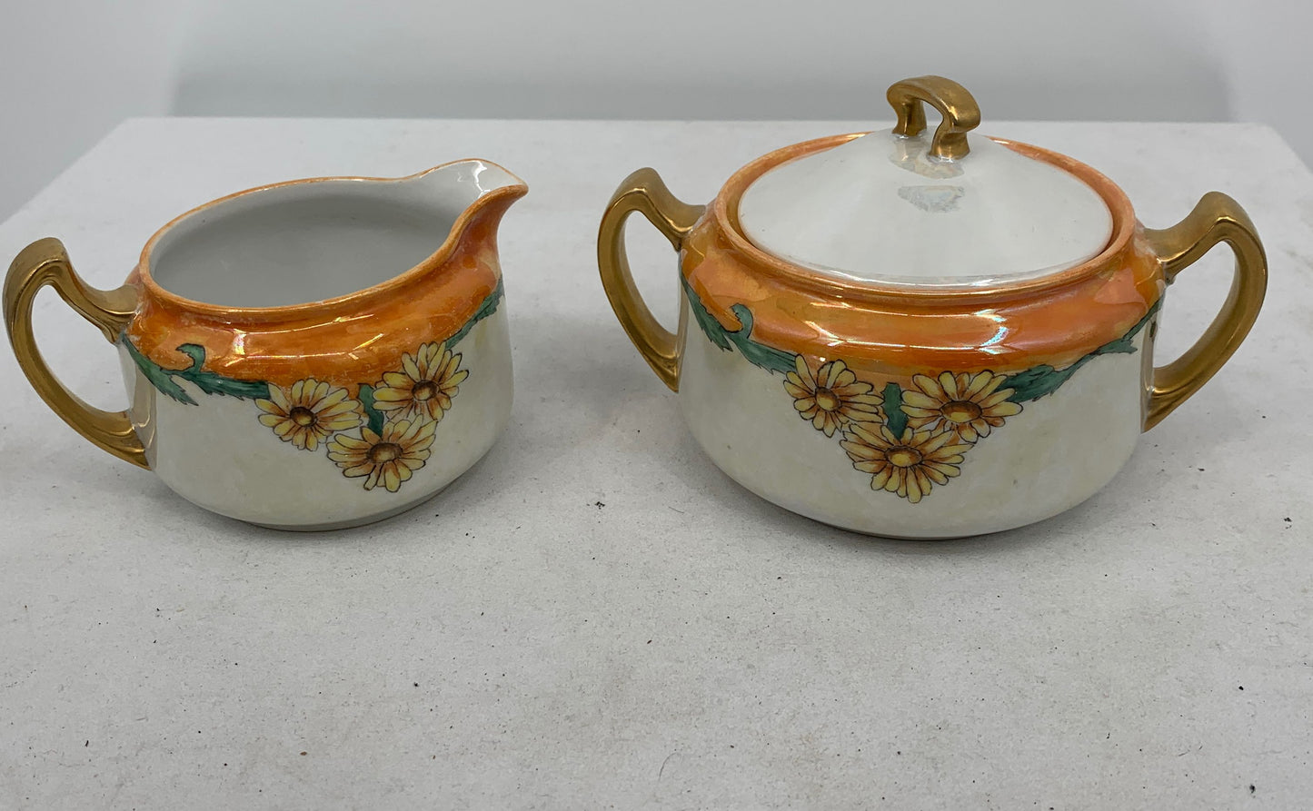 Nippon Vintage 1927 Hand Painted Mother Of Pearl Creamer Pitcher & Sugar Bowl